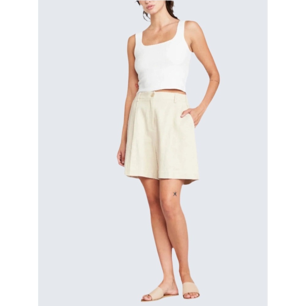 Self Contrast Naya 6.5" Linen‎ Blend Shorts Ivory USA Made Elastic Back NWT Sz S
